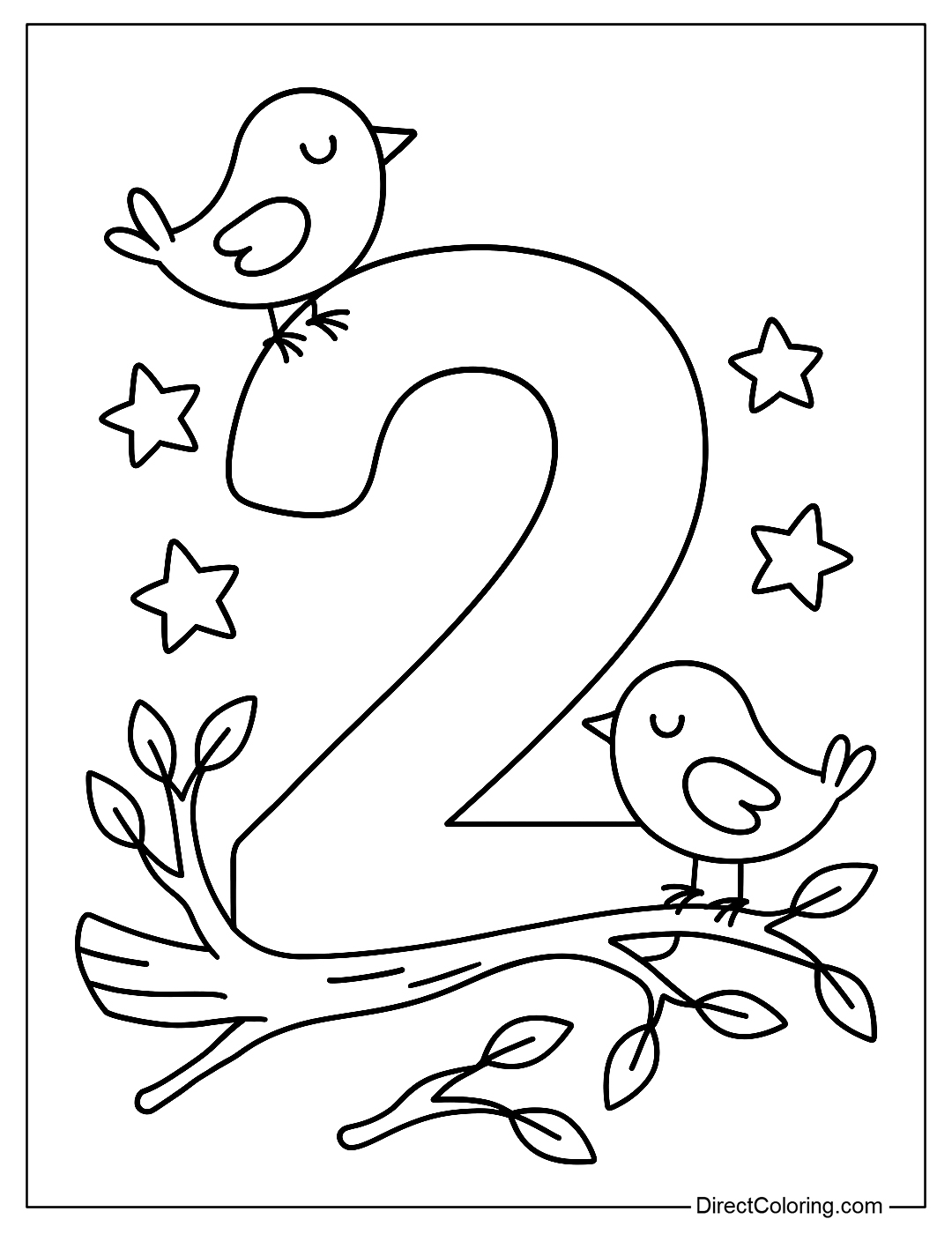 A number 2 coloring page with two small birds perched on a branch around the number